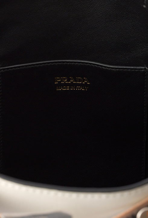 White/Black - Prada Buckle Leather Bucket Bag With Studded Belt - GLAM MODA